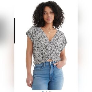 NWT Lucky Brand Black & White Floral Twist-Front V-Neck Top Size S